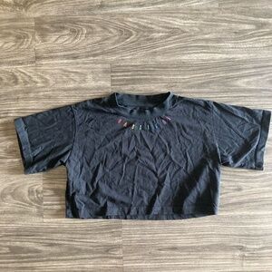 Bassigue Womens Black Cropped Cotton Tee with Rainbow Lettering Small